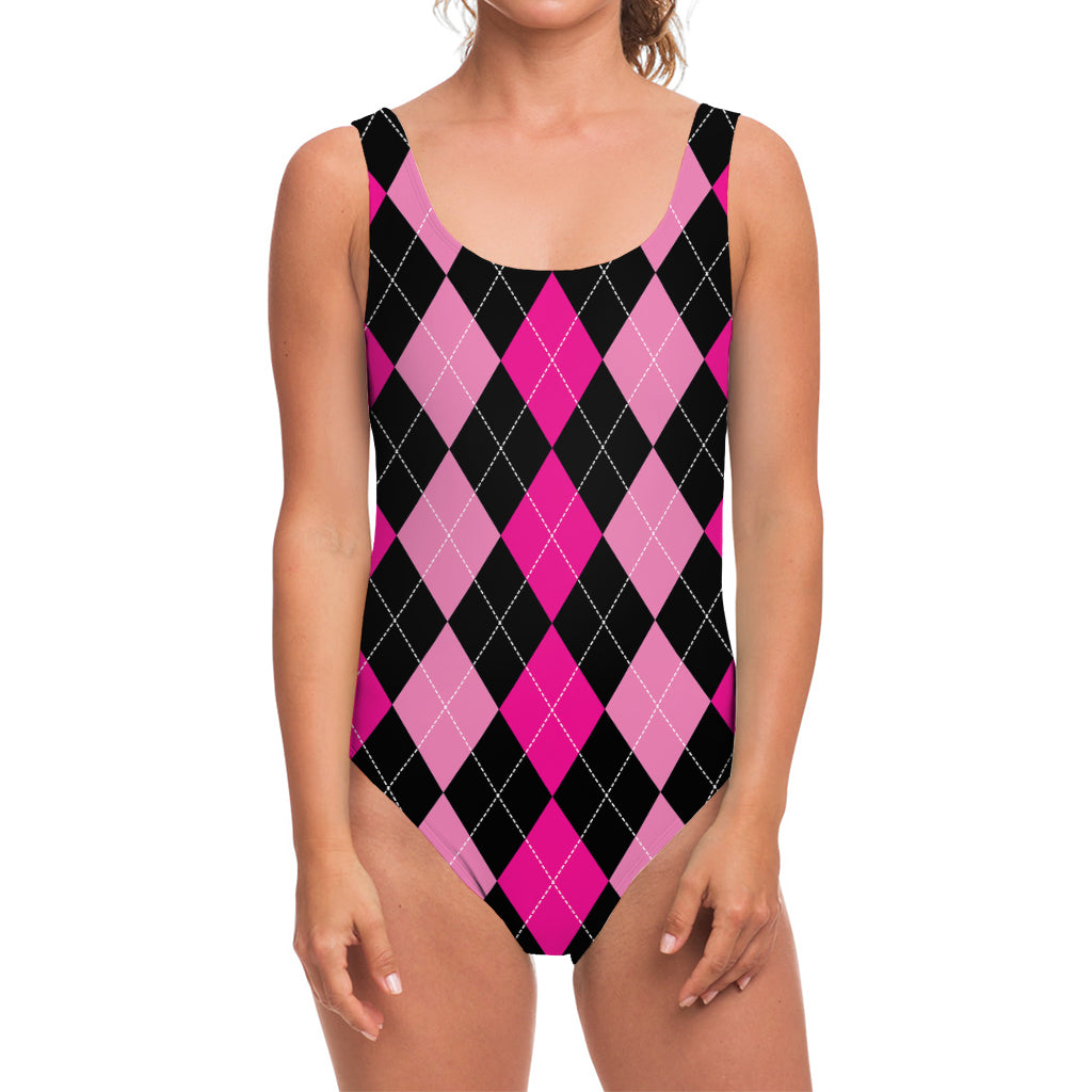 Black And Deep Pink Argyle Pattern Print One Piece Swimsuit