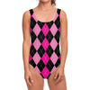 Black And Deep Pink Argyle Pattern Print One Piece Swimsuit