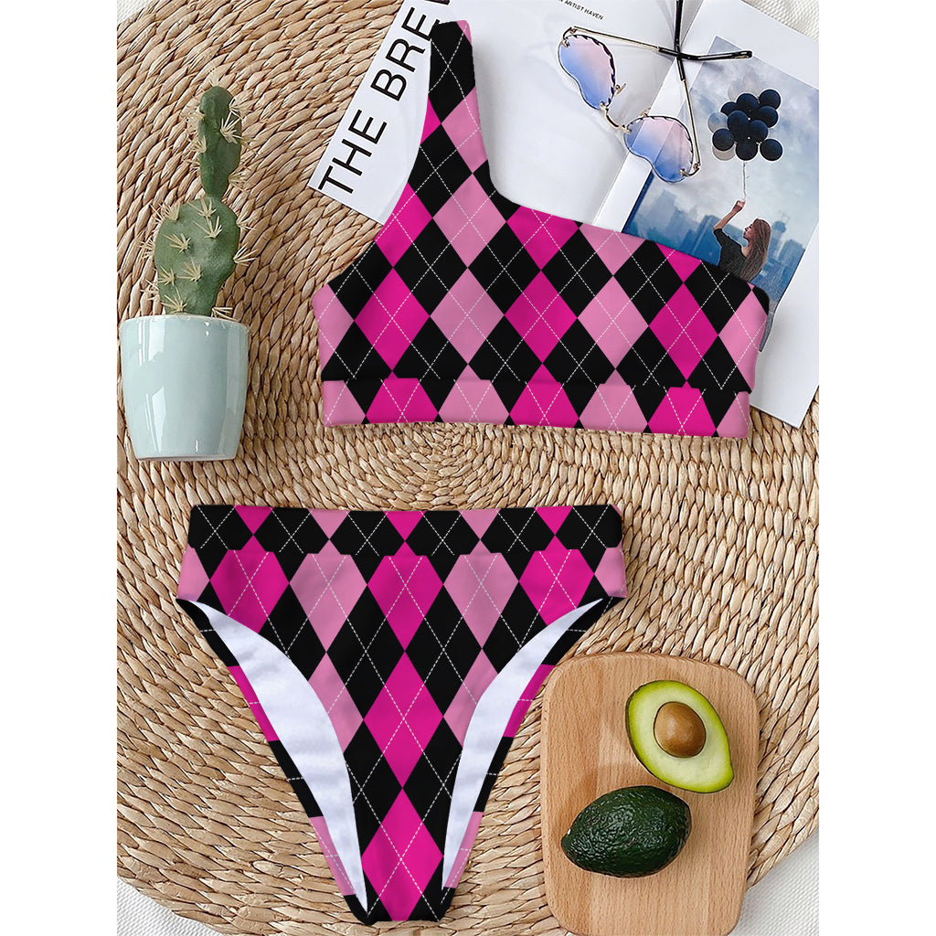 Black And Deep Pink Argyle Pattern Print One Shoulder Bikini Top