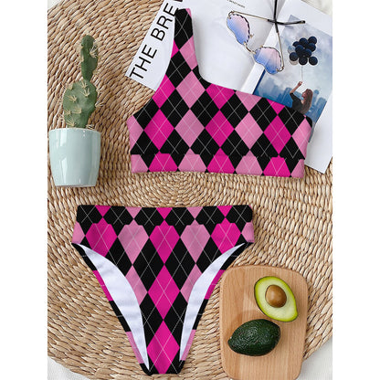 Black And Deep Pink Argyle Pattern Print One Shoulder Bikini Top