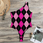 Black And Deep Pink Argyle Pattern Print One Shoulder Bodysuit