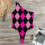 Black And Deep Pink Argyle Pattern Print One Shoulder Bodysuit