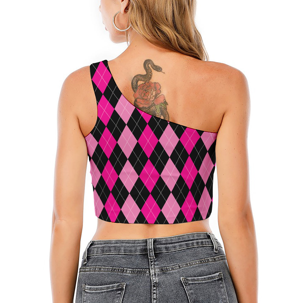 Black And Deep Pink Argyle Pattern Print One Shoulder Crop Top
