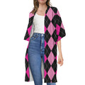 Black And Deep Pink Argyle Pattern Print Open Front Beach Cover Up