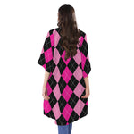 Black And Deep Pink Argyle Pattern Print Open Front Beach Cover Up