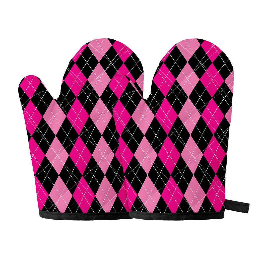 Black And Deep Pink Argyle Pattern Print Oven Mitts