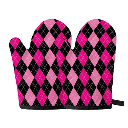 Black And Deep Pink Argyle Pattern Print Oven Mitts