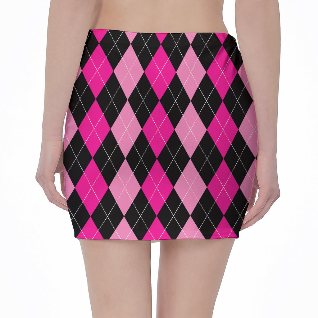Black And Deep Pink Argyle Pattern Print Pencil Mini Skirt