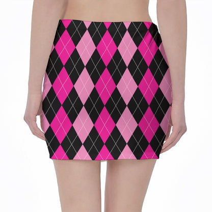 Black And Deep Pink Argyle Pattern Print Pencil Mini Skirt