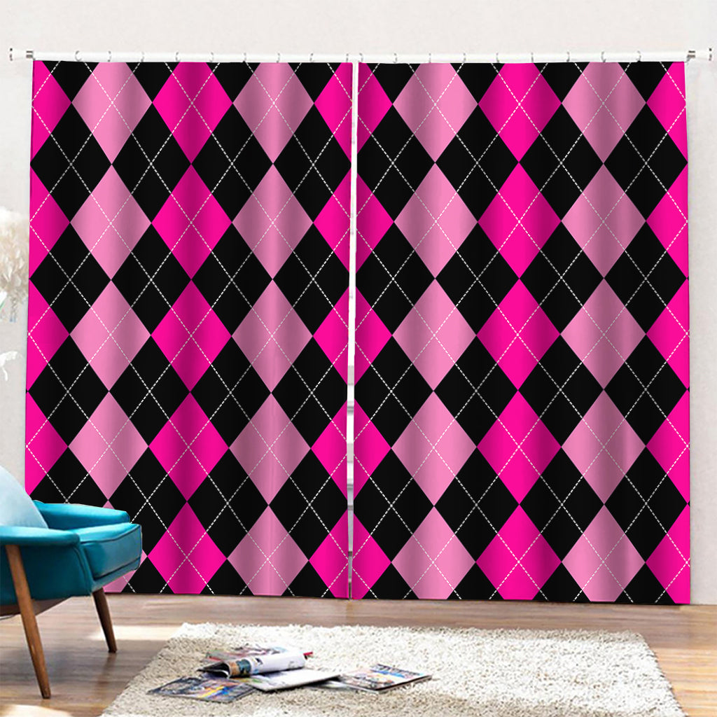 Black And Deep Pink Argyle Pattern Print Pencil Pleat Curtains