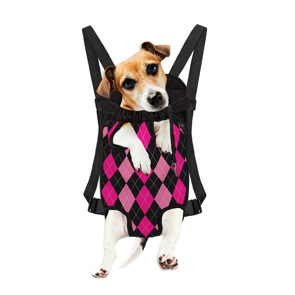 Black And Deep Pink Argyle Pattern Print Pet Carrier Backpack