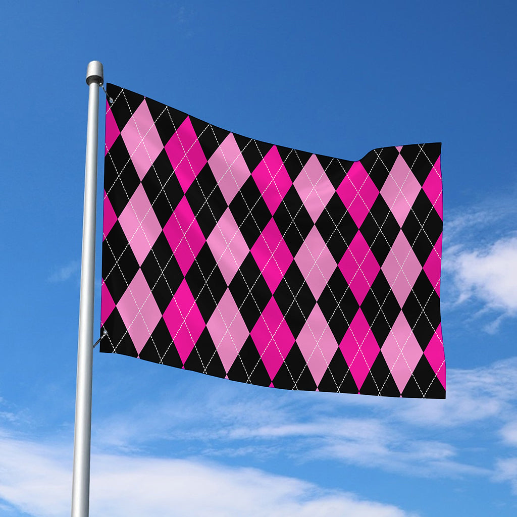 Black And Deep Pink Argyle Pattern Print Polyester Flag