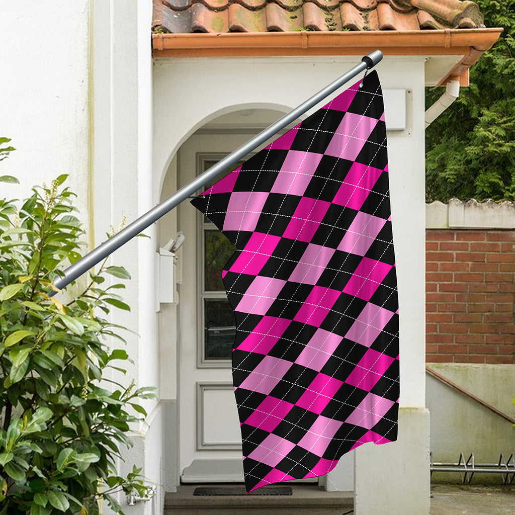 Black And Deep Pink Argyle Pattern Print Polyester Flag