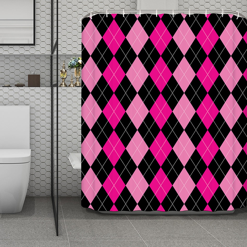 Black And Deep Pink Argyle Pattern Print Polyester Shower Curtain