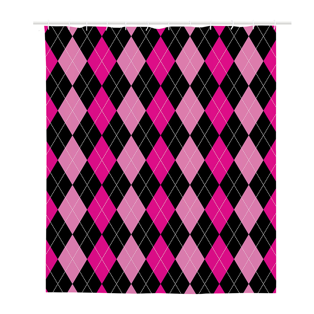 Black And Deep Pink Argyle Pattern Print Polyester Shower Curtain