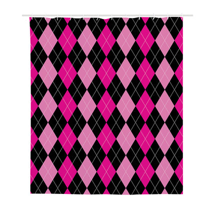 Black And Deep Pink Argyle Pattern Print Polyester Shower Curtain