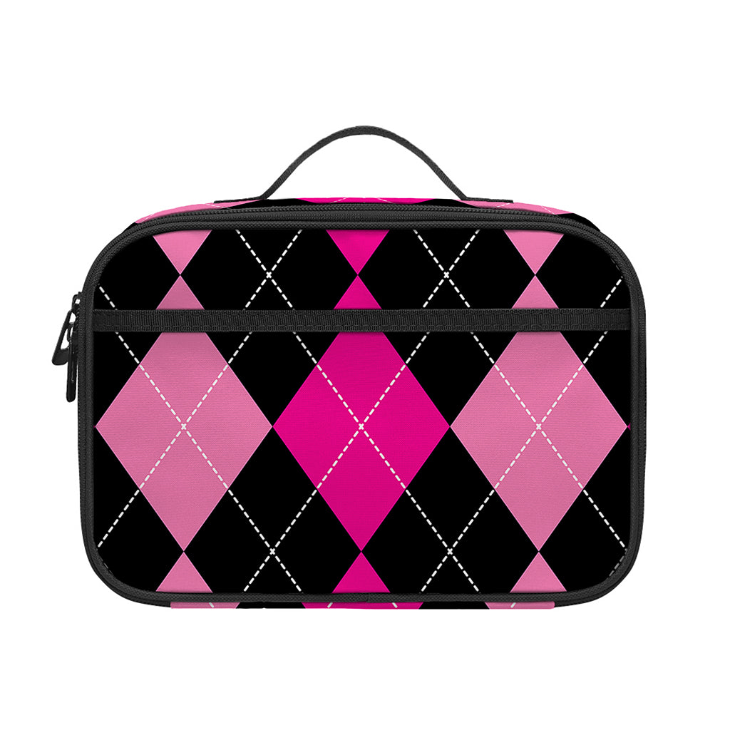 Black And Deep Pink Argyle Pattern Print Portable Lunch Bag