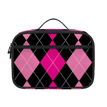 Black And Deep Pink Argyle Pattern Print Portable Lunch Bag