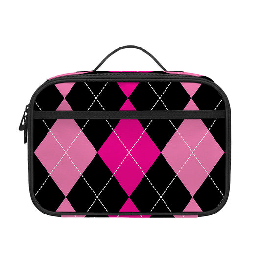 Black And Deep Pink Argyle Pattern Print Portable Lunch Bag