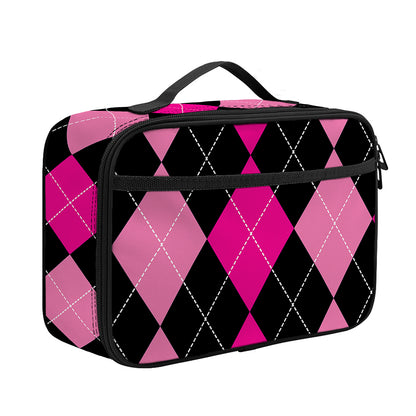Black And Deep Pink Argyle Pattern Print Portable Lunch Bag