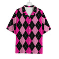 Black And Deep Pink Argyle Pattern Print Rayon Hawaiian Shirt