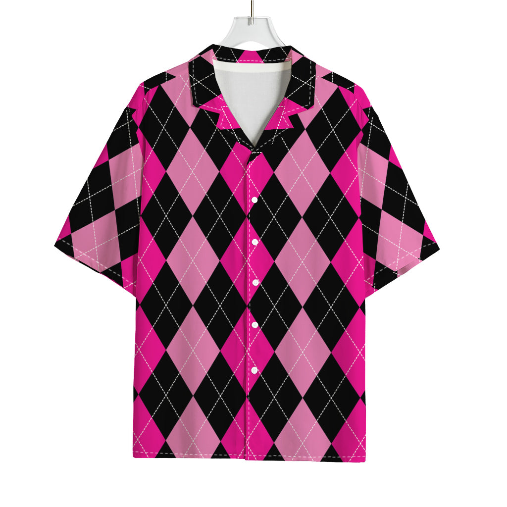 Black And Deep Pink Argyle Pattern Print Rayon Hawaiian Shirt