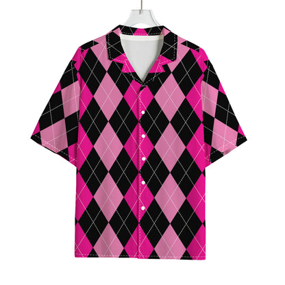 Black And Deep Pink Argyle Pattern Print Rayon Hawaiian Shirt