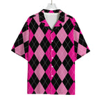 Black And Deep Pink Argyle Pattern Print Rayon Hawaiian Shirt