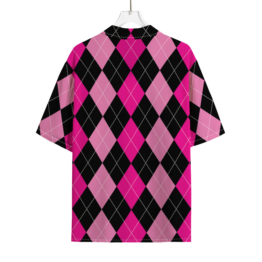 Black And Deep Pink Argyle Pattern Print Rayon Hawaiian Shirt