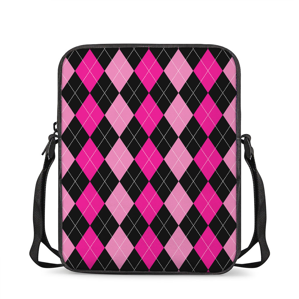 Black And Deep Pink Argyle Pattern Print Rectangular Crossbody Bag