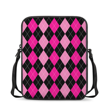 Black And Deep Pink Argyle Pattern Print Rectangular Crossbody Bag