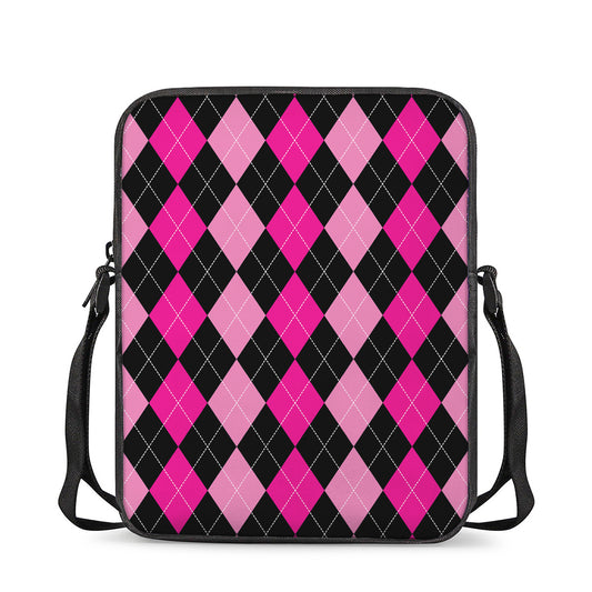 Black And Deep Pink Argyle Pattern Print Rectangular Crossbody Bag