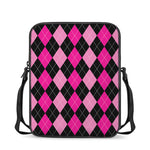 Black And Deep Pink Argyle Pattern Print Rectangular Crossbody Bag