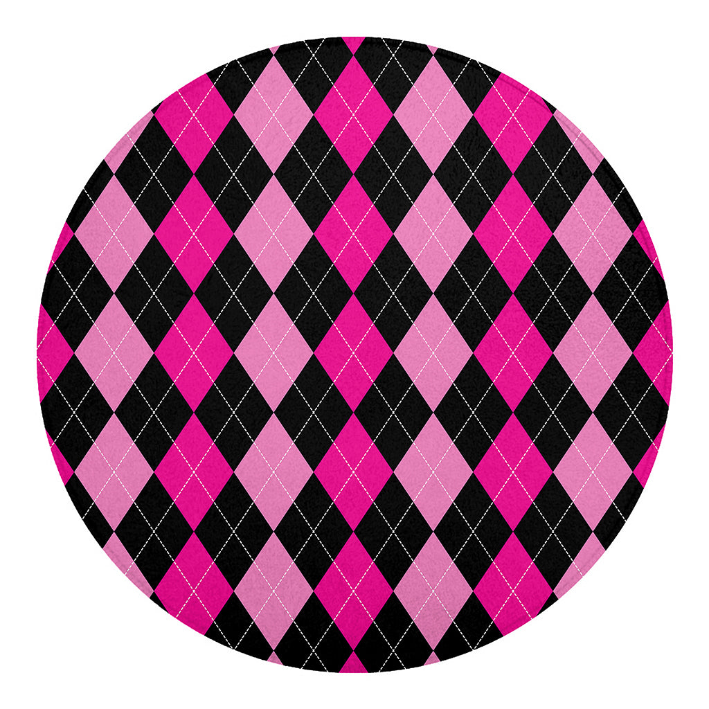 Black And Deep Pink Argyle Pattern Print Round Blanket