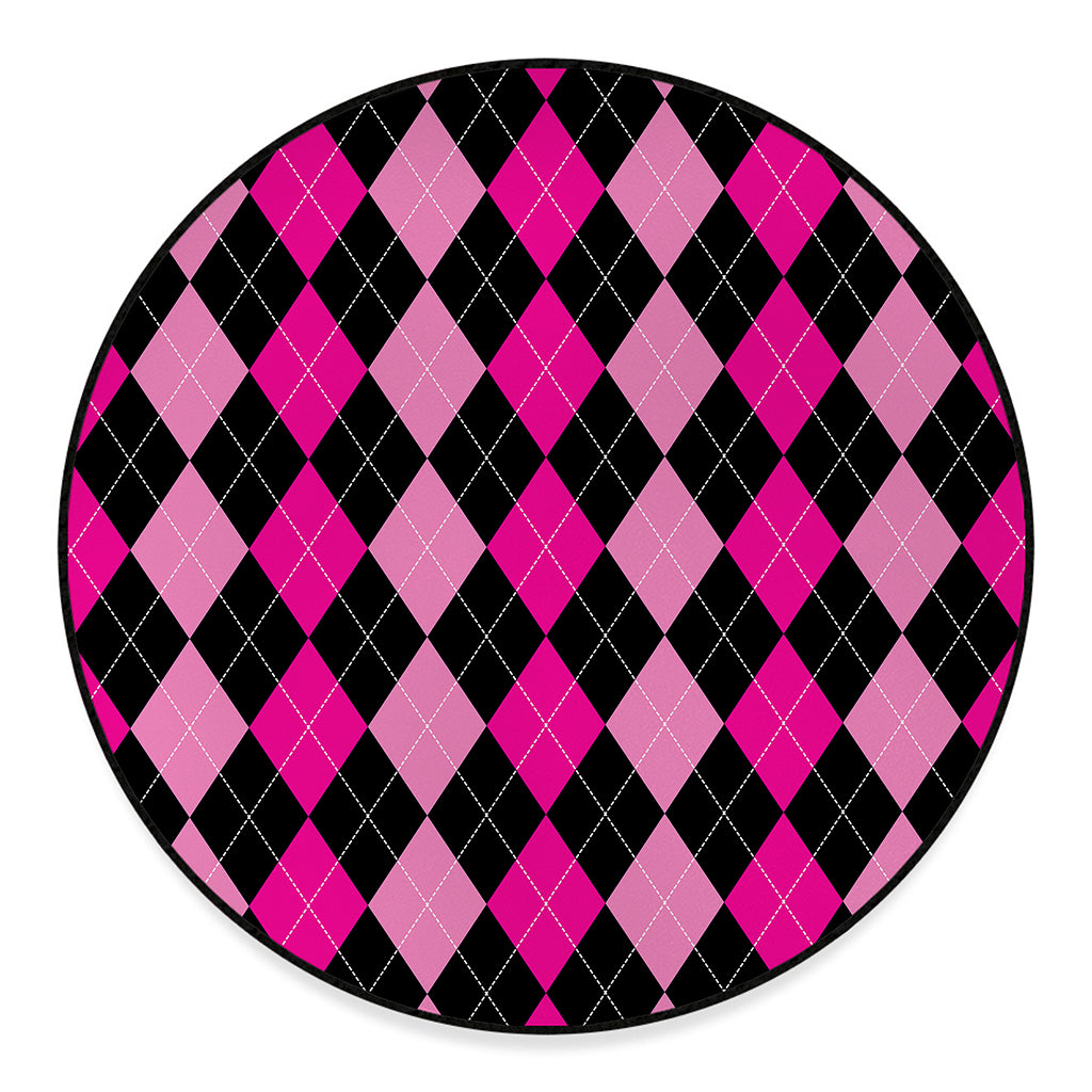 Black And Deep Pink Argyle Pattern Print Round Floor Mat