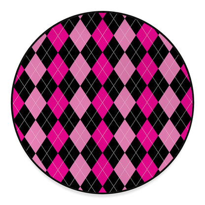 Black And Deep Pink Argyle Pattern Print Round Floor Mat
