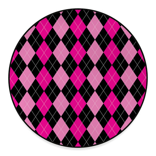 Black And Deep Pink Argyle Pattern Print Round Floor Mat