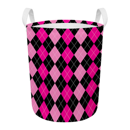 Black And Deep Pink Argyle Pattern Print Round Laundry Basket
