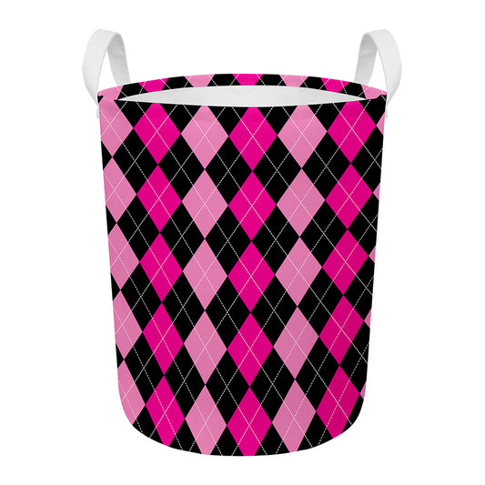 Black And Deep Pink Argyle Pattern Print Round Laundry Basket