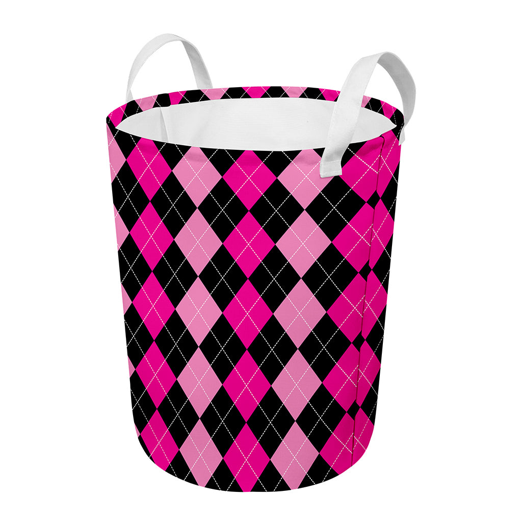 Black And Deep Pink Argyle Pattern Print Round Laundry Basket