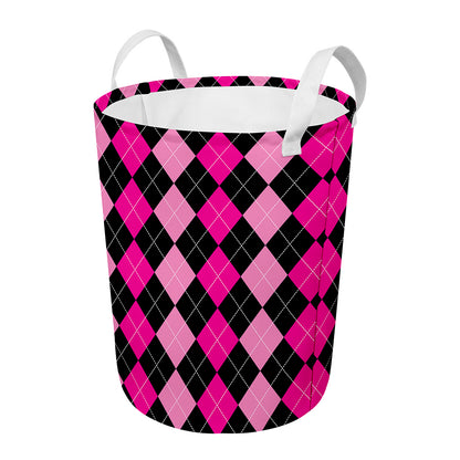 Black And Deep Pink Argyle Pattern Print Round Laundry Basket