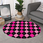 Black And Deep Pink Argyle Pattern Print Round Rug