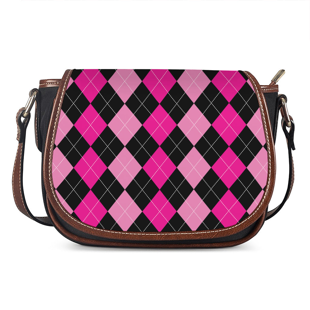 Black And Deep Pink Argyle Pattern Print Saddle Bag