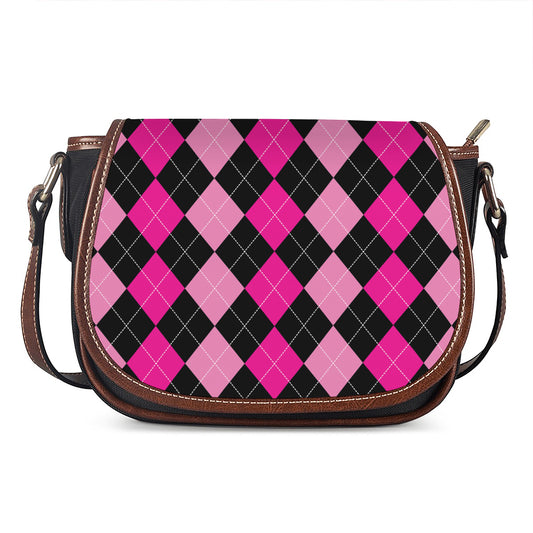 Black And Deep Pink Argyle Pattern Print Saddle Bag