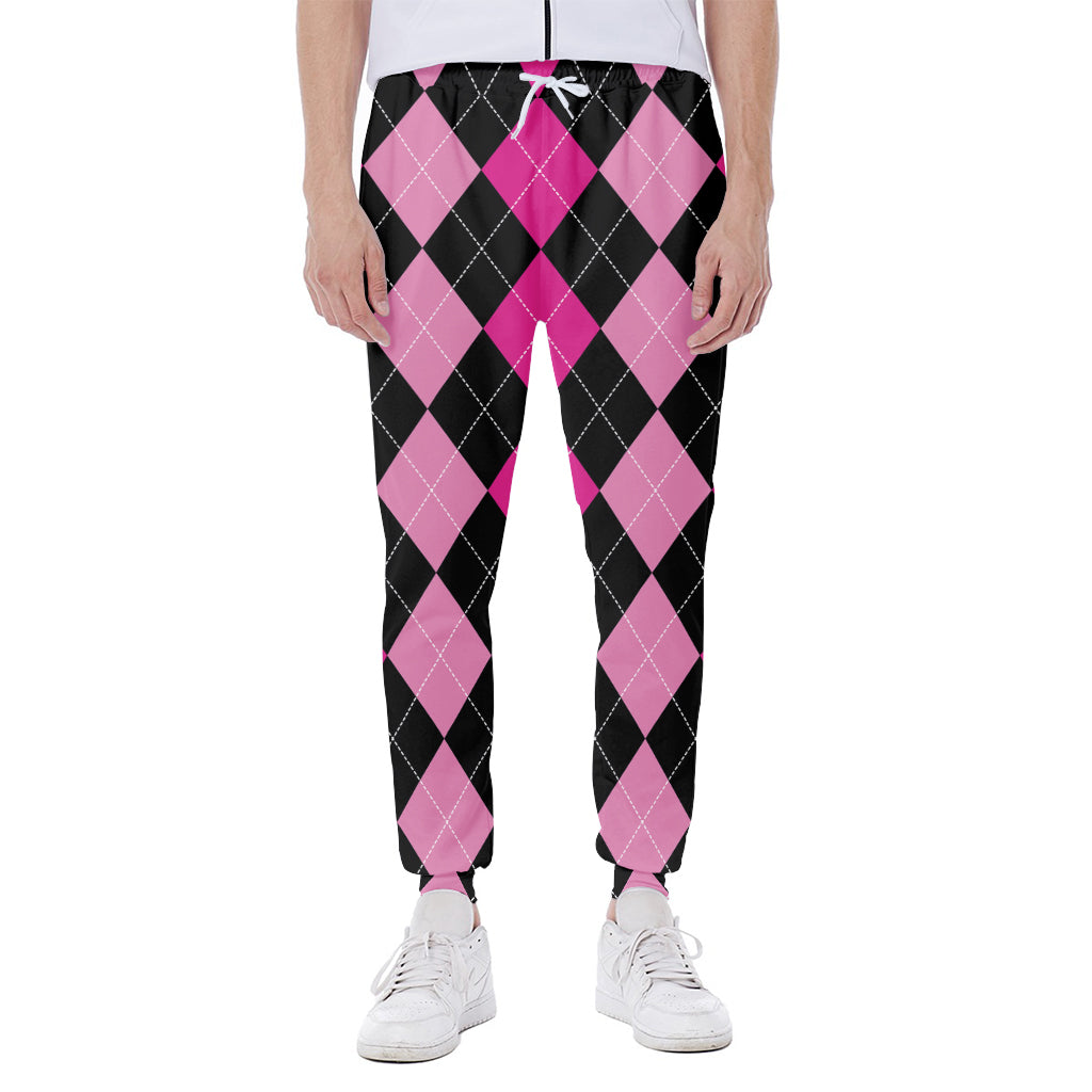 Black And Deep Pink Argyle Pattern Print Scuba Joggers