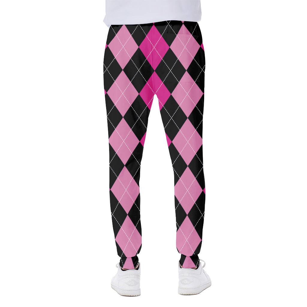 Black And Deep Pink Argyle Pattern Print Scuba Joggers