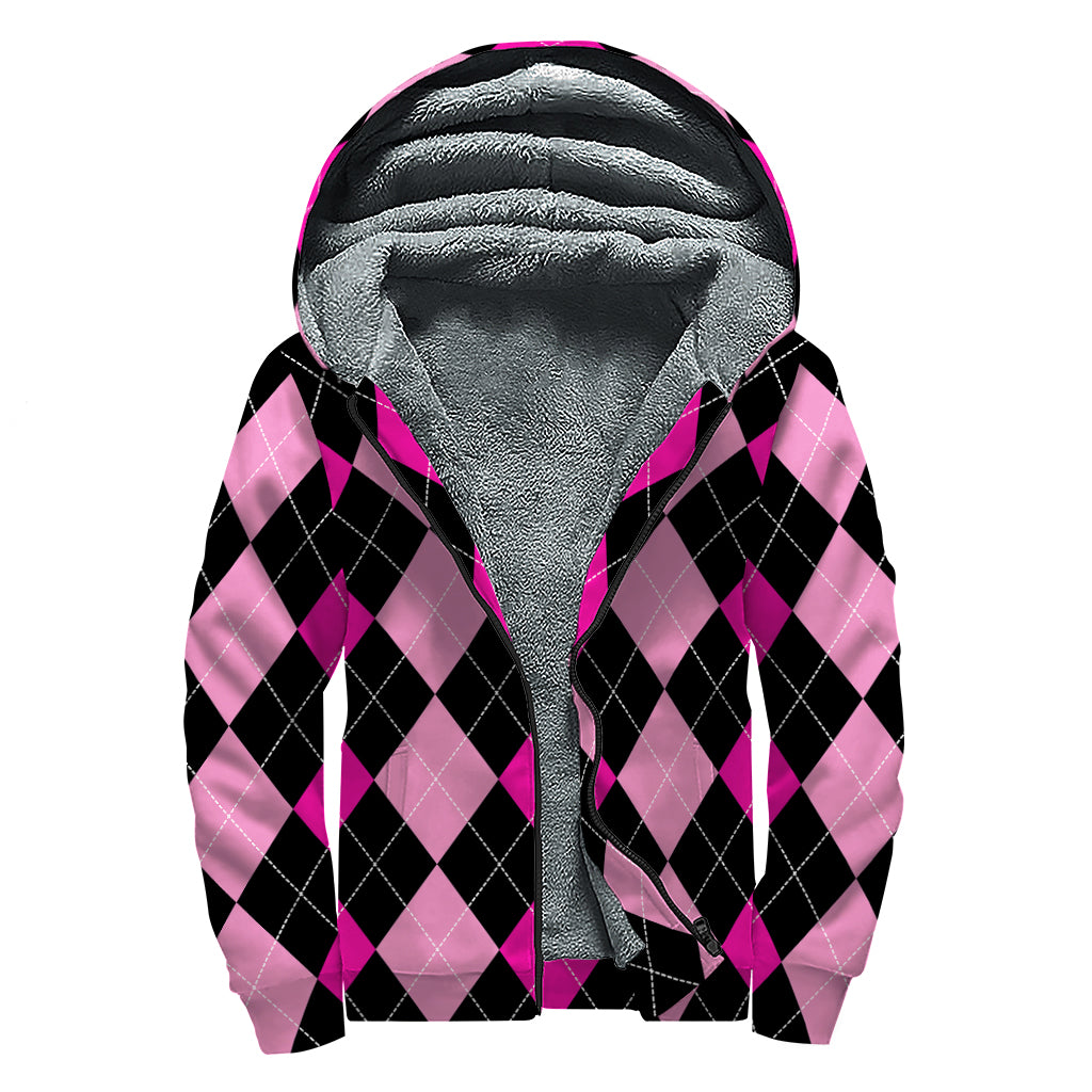 Black And Deep Pink Argyle Pattern Print Sherpa Lined Zip Up Hoodie