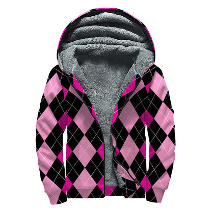 Black And Deep Pink Argyle Pattern Print Sherpa Lined Zip Up Hoodie
