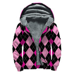 Black And Deep Pink Argyle Pattern Print Sherpa Lined Zip Up Hoodie