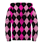 Black And Deep Pink Argyle Pattern Print Sherpa Lined Zip Up Hoodie